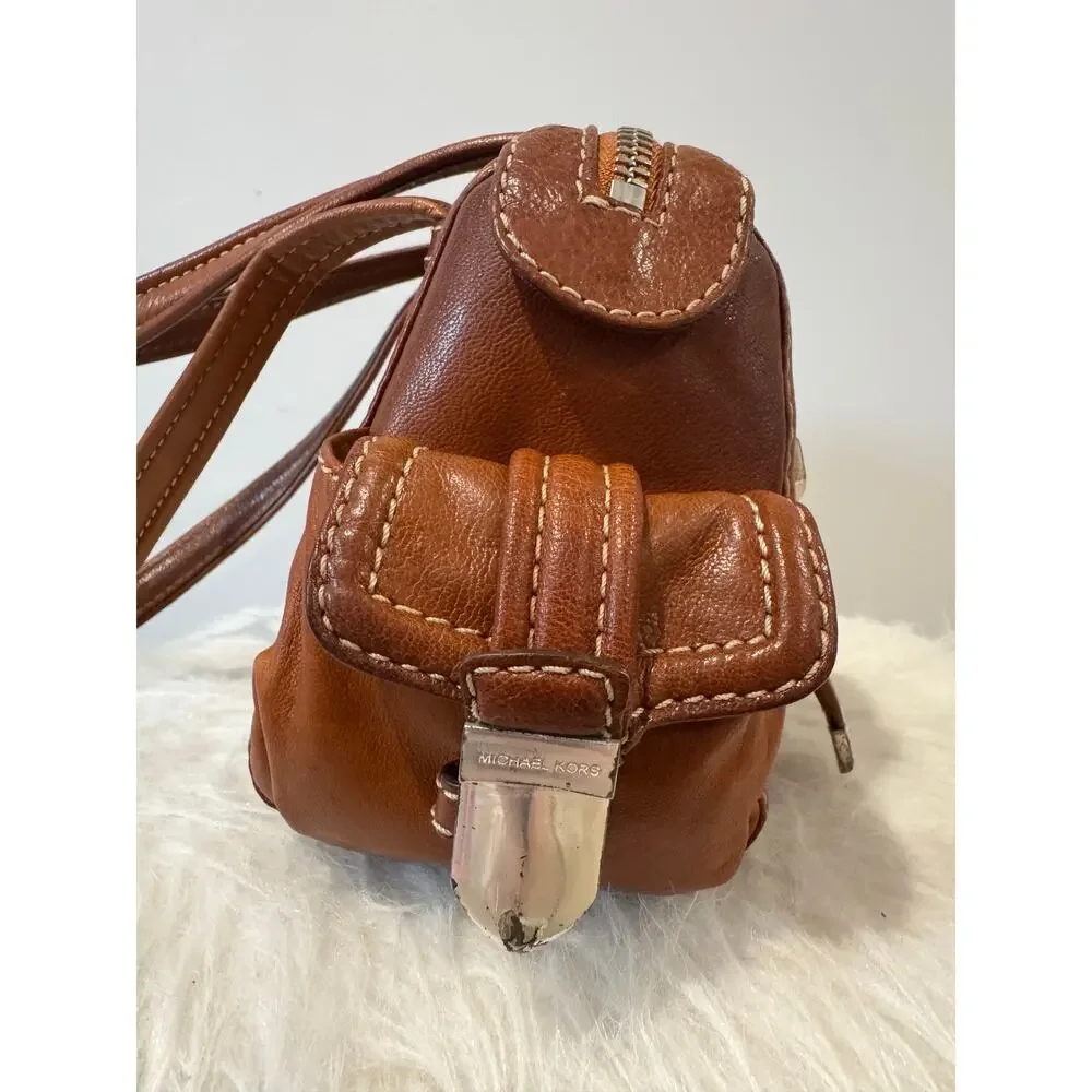 Michael Kors Medium East-West Leather Satchel Bag Caramel – Silver Hardware